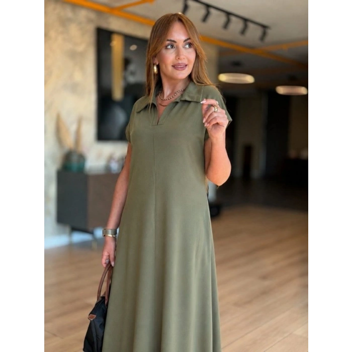 Kadın Kısa Kollu Yakalı Cepli Uzun Viskon Iki Iplik Elbise