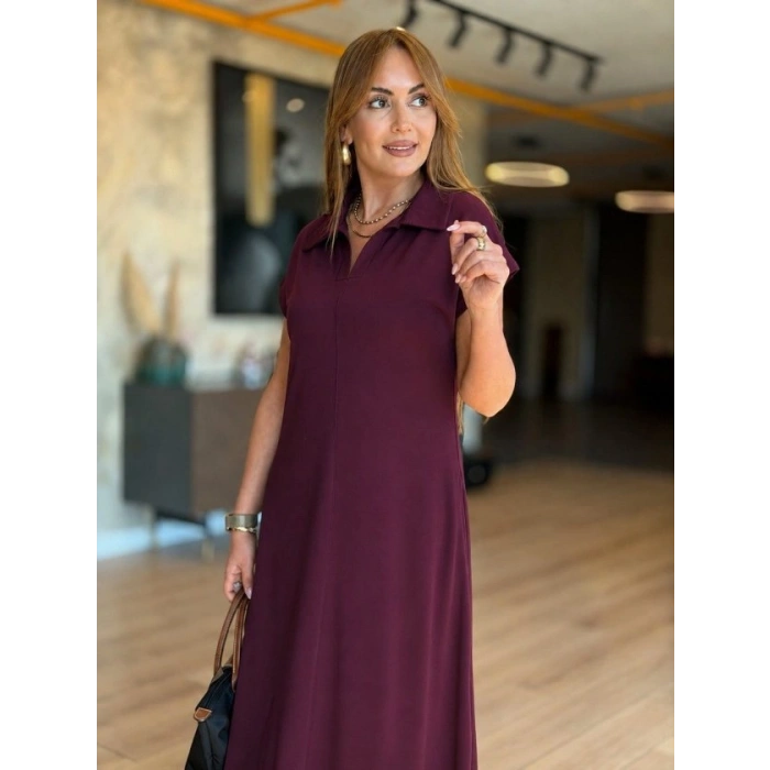 Kadın Kısa Kollu Yakalı Cepli Uzun Viskon Iki Iplik Elbise