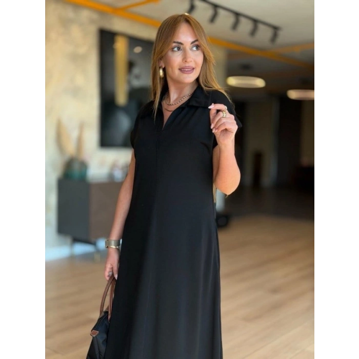 Kadın Kısa Kollu Yakalı Cepli Uzun Viskon Iki Iplik Elbise