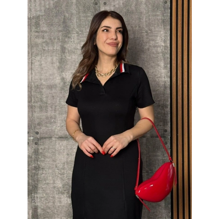 Kadın Kısa Kollu Yakalı Yırtmaçlı Midi Viskon Iki Iplik Elbise