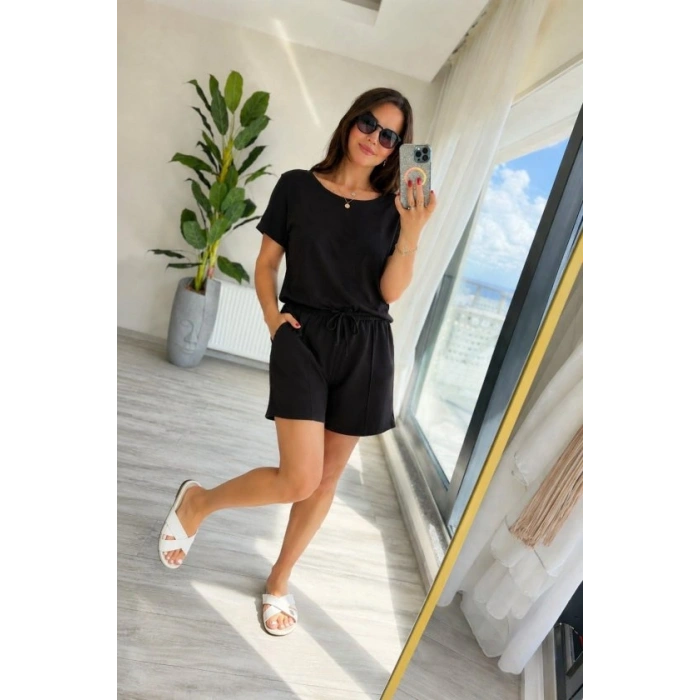 Kadın Kısa Kollu Yakası Açık Modal Bluz Ve Bağcıklı Kısa şort Ikili Takım