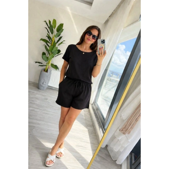 Kadın Kısa Kollu Yakası Açık Modal Bluz Ve Bağcıklı Kısa şort Ikili Takım