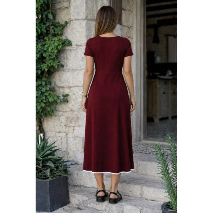 Kadın Kısa Kollu Yakası Açık önden Fermuarlı Kiloş Midi Viskon Elbise