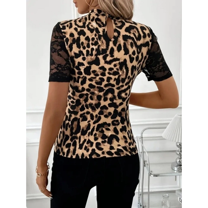 Kadın Kısa Kollu Yarı Balıkçı Dantel Yaka Göğüs Dekolteli Leopar Desenli Dalgıç Bluz