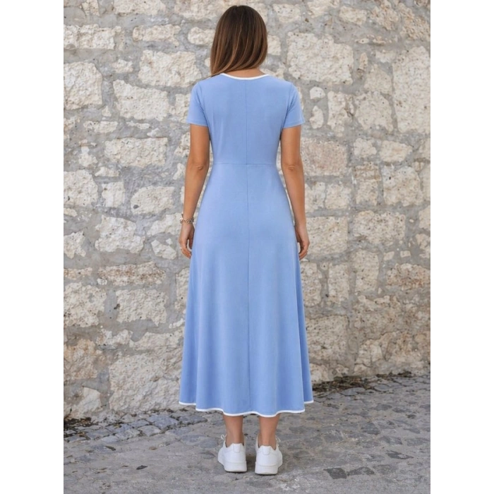 Kadın Kısa Kollu Yuvarlak Yakalı Yakası Renkli Kiloş Midi Viskon Elbise