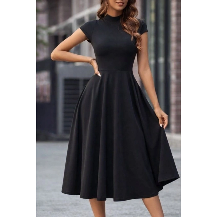 Kadın Kısa Yarım Ay Kollu Yarı Balıkçı Yaka Midi Janjan Krep Elbise