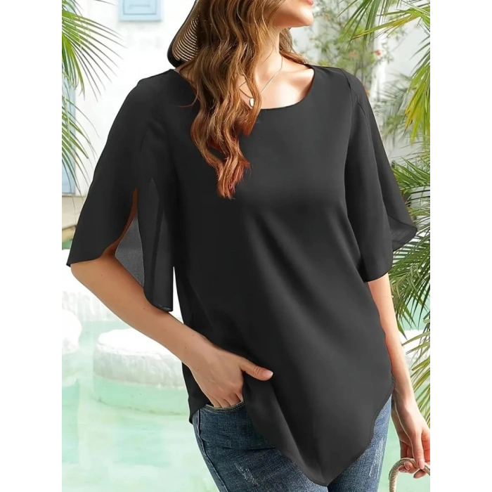 Kadın Kısa Yırtmaç Kollu Yuvarlak Yaka şifon Bluz