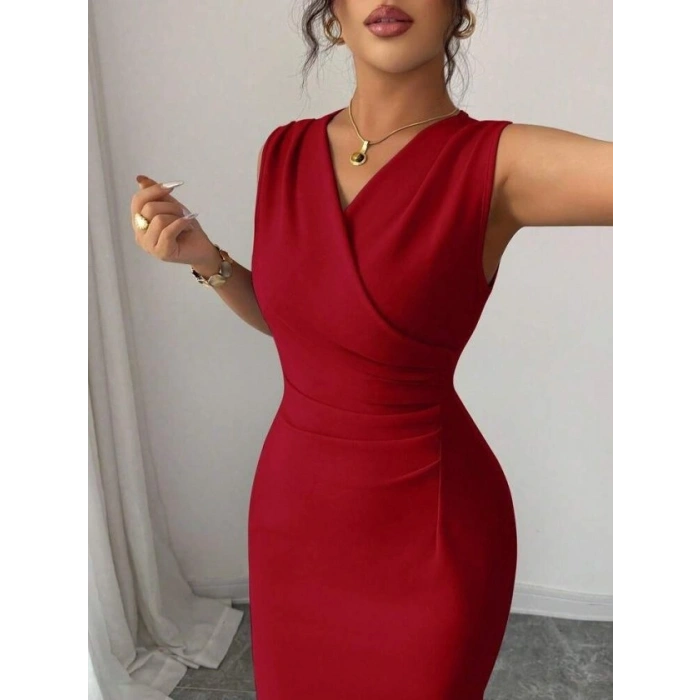 Kadın Kolsuz Kruvaze Yakalı Midi Janjan Krep Elbise