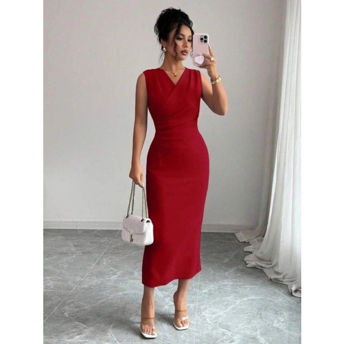 Kadın Kolsuz Kruvaze Yakalı Midi Janjan Krep Elbise