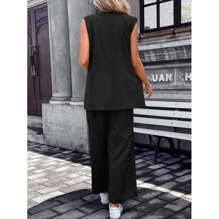 Kadın Kolsuz önü Açık Yakalı Cepli Janjan Krep Yelek Ve Pantolon Ikili Takım