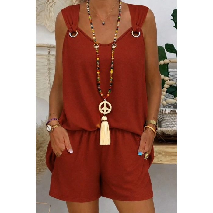 Kadın Kolsuz V Yaka Kuş Gözü Detay Bluz Short Aerobin Ikili Takım