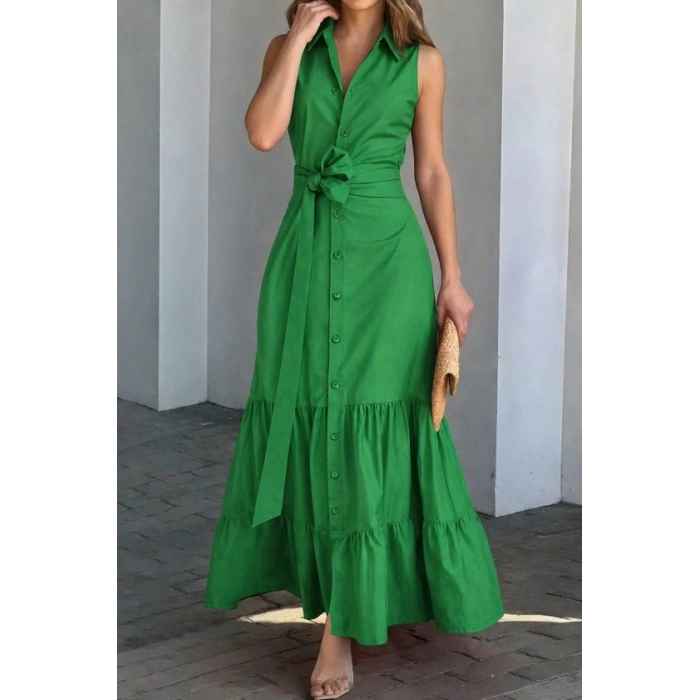 Kadın Kolsuz Yaka Onu Düğmeli Belden Kuşaklı Uzun Trikoton Elbise