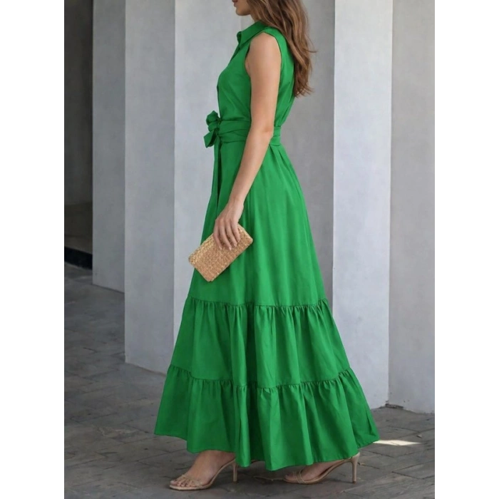 Kadın Kolsuz Yaka Onu Düğmeli Belden Kuşaklı Uzun Trikoton Elbise