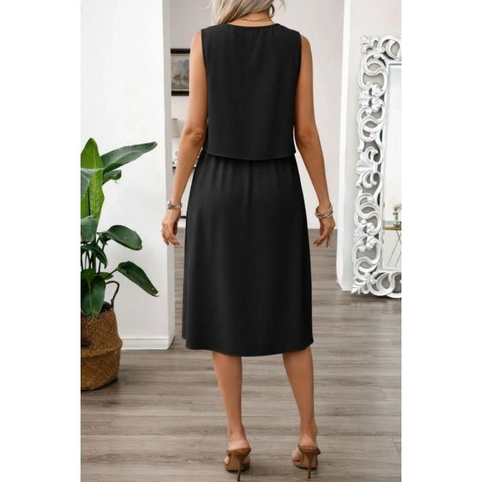Kadın Kolsuz Yuvarlak Yakalı Düğmeli Aerobin Bluz Ve Midi Etek Ikili Takım