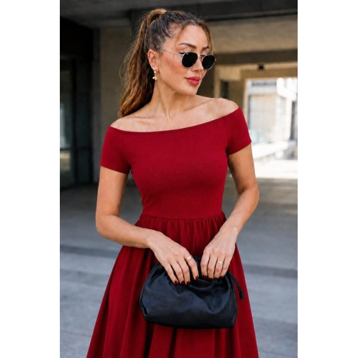 Kadın Madonna Yaka Kısa Kollu Kısa Janjan Krep Elbise