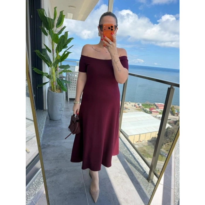 Kadın Madonna Yaka Midi Boy Modal Elbise