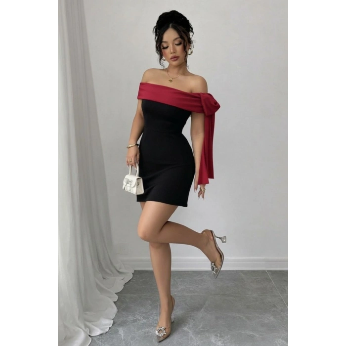 Kadın Madonna Yakalı Kurdela Detaylı Kısa Ithal Krep Elbise