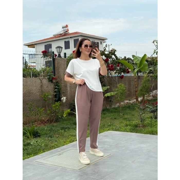 Kadın Modal Dokulu Kumaş Yanı şeritli Takım