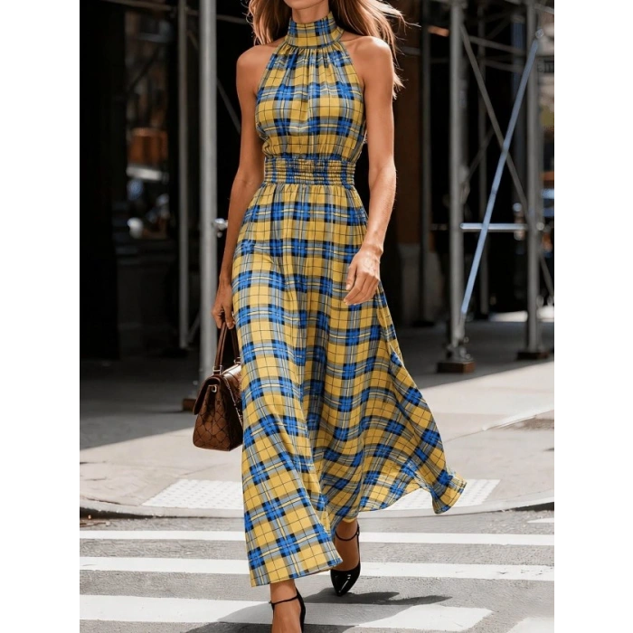 Kadın Omuzlardan Açık Balıkçı Yaka Beli Lastikli Ekose Desenli Uzun Süprem Elbise