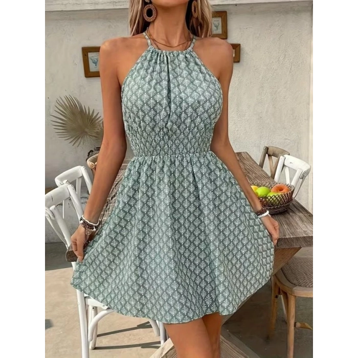 Kadın Omuzlardan Açık Boyun Arkasından Bağcıklı Beli Lastikli Kısa Süprem Elbise