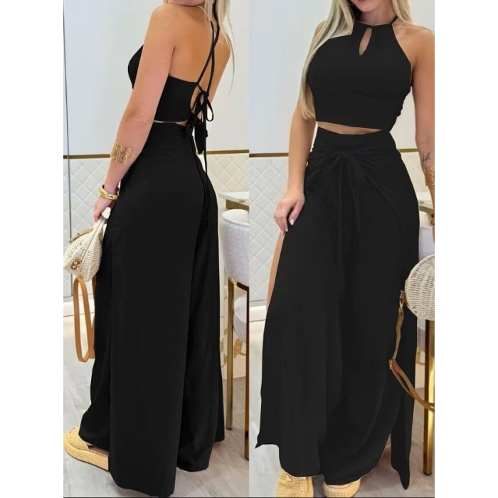 Kadın Omuzlardan Acık Damla Detaylı Sırttan çapraz Bağlamalı Krop Aerobin Bluz Ve çok Parçalı önden Bağlamalı Pantolon Ikili Takım