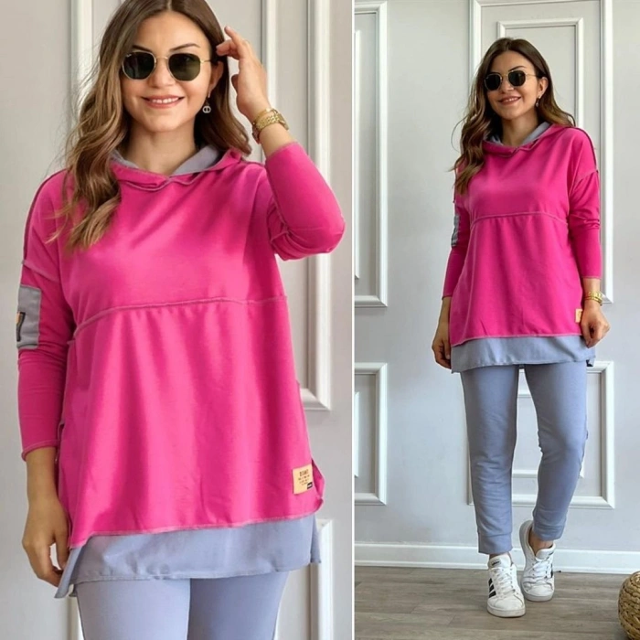 Kadın Pembe Kapşonlu Etek Ucu Detay Arma Ters Dikiş Gorunumlu Ikili Takım