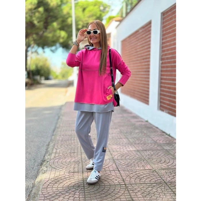 Kadın Pembe Kapşonlu Etek Ucu Detay Arma Ters Dikiş Gorunumlu Ikili Takım