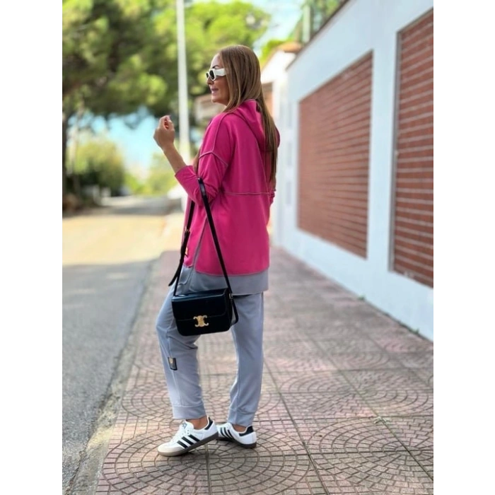 Kadın Pembe Kapşonlu Etek Ucu Detay Arma Ters Dikiş Gorunumlu Ikili Takım