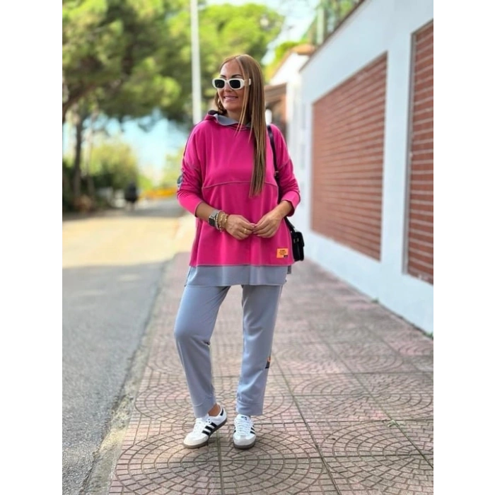 Kadın Pembe Kapşonlu Etek Ucu Detay Arma Ters Dikiş Gorunumlu Ikili Takım