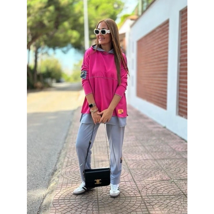 Kadın Pembe Kapşonlu Etek Ucu Detay Arma Ters Dikiş Gorunumlu Ikili Takım