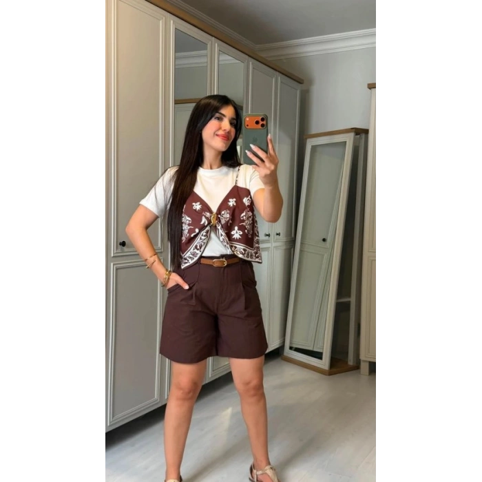 Kadın şal Desen Detay Bluz Ve Keten şort Ikili Takım