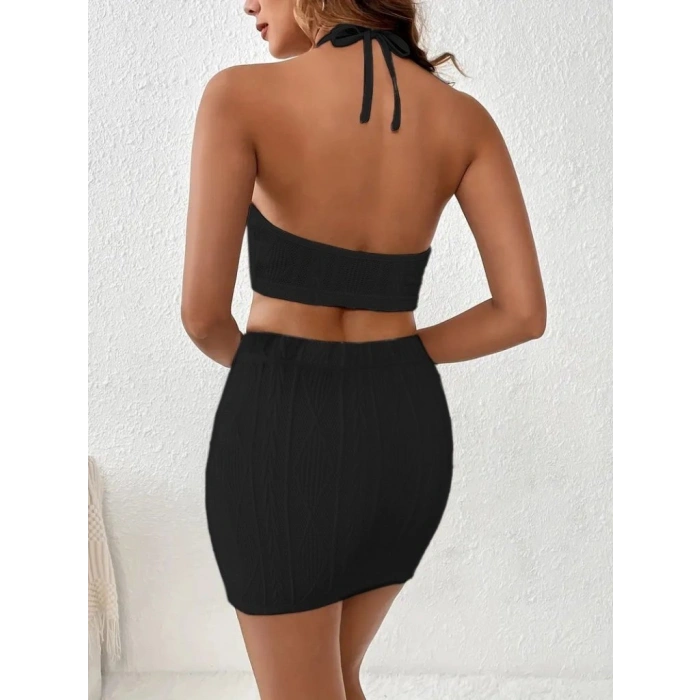 Kadın Sıfır Kol Crop Mini Etek Ikili Triko Takım