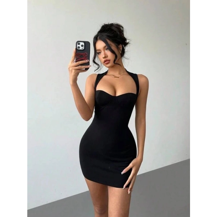 Kadın Sırtı Kalp Detaylı Likralı Esnek Kumaş Mini Boy Elbise