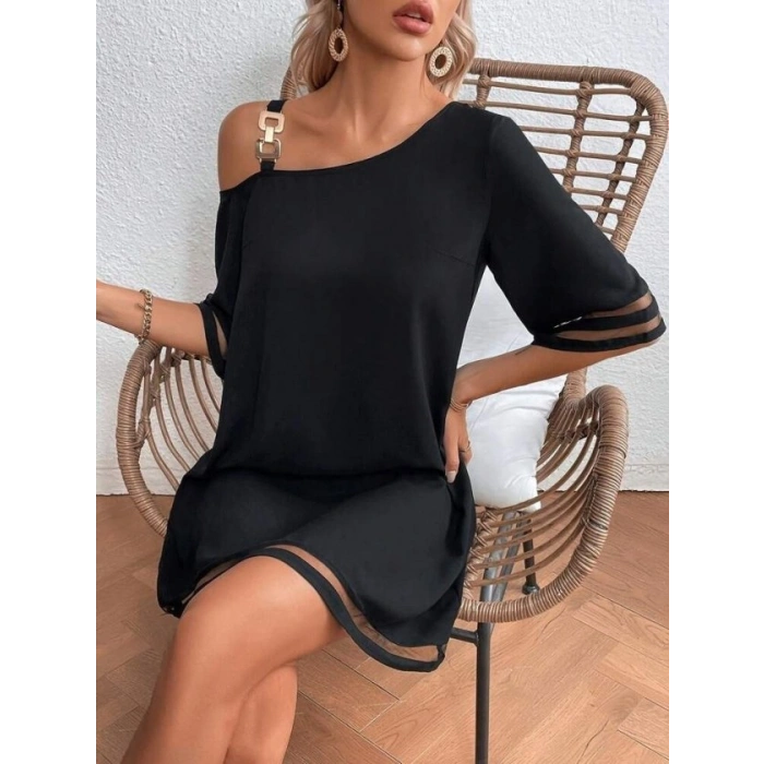 Kadın Tek Omuzdan Acık Askılı Tül şerit Detaylı Kısa Janjan Krep Elbise