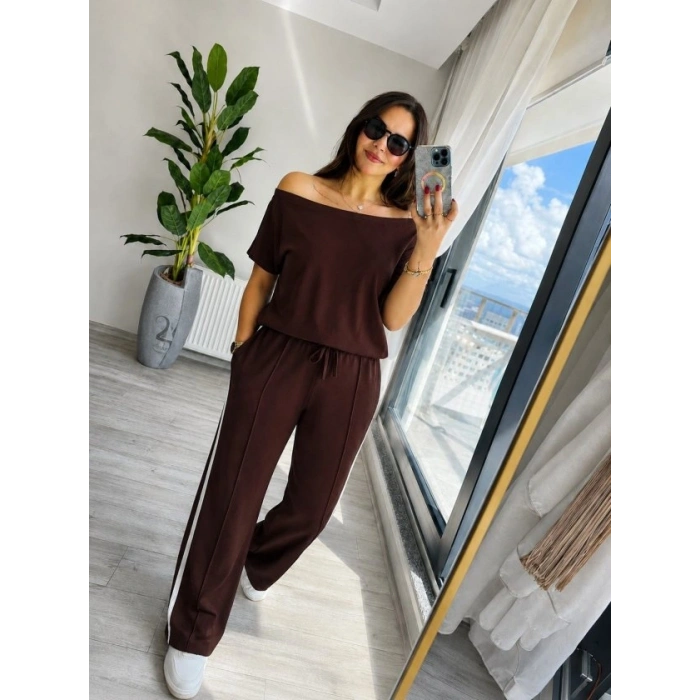 Kadın Tek Omuzdan Açık Yan şerit Detaylı Viskon Iki Iplik Bluz Ve Pantolon Ikili Takım