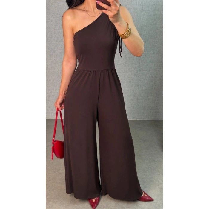 Kadın Tek Omuzdan Büzgü Detaylı Geniş Paçalı Uzun Sandy Tulum