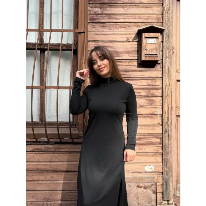 Kadın Uzun Kollu Balıkçı Yaka Derin Yırtmaç Detay Krep Elbise