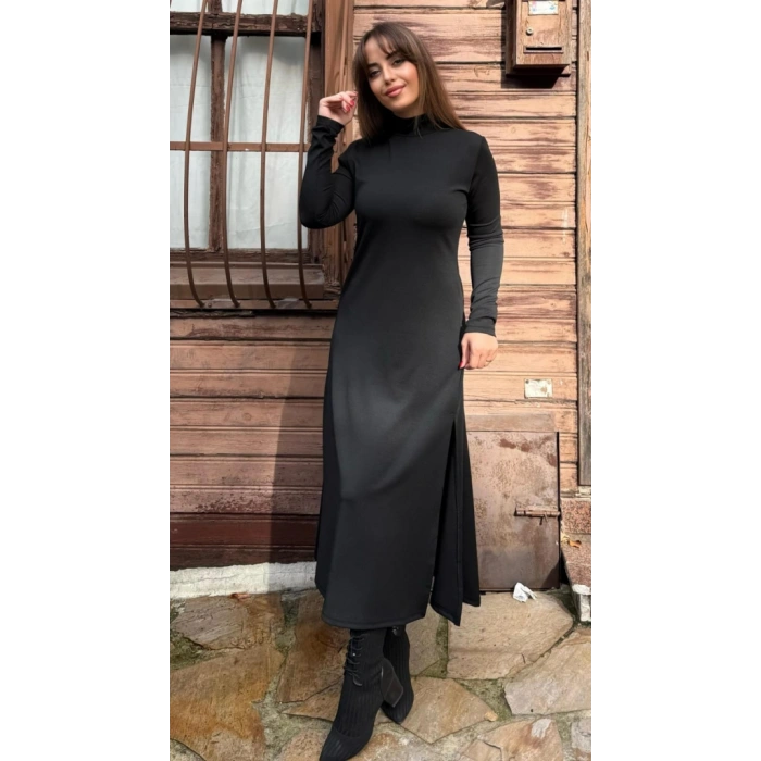 Kadın Uzun Kollu Balıkçı Yaka Derin Yırtmaç Detay Krep Elbise
