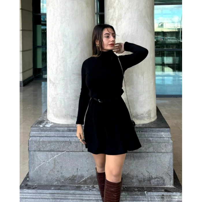 Kadın Uzun Kollu Balıkçı Yaka Salaş Kusa Akrilik Elbise