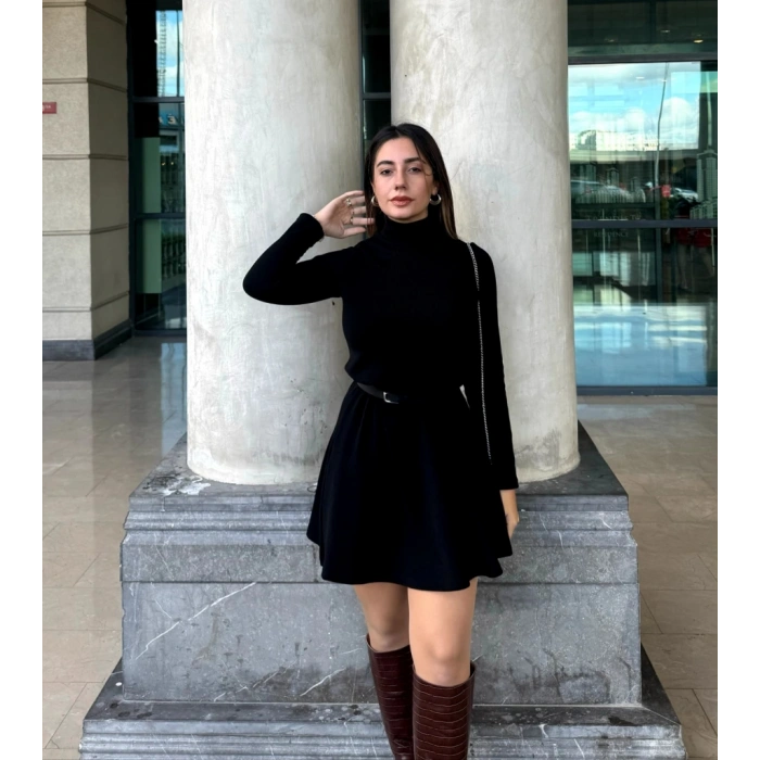Kadın Uzun Kollu Balıkçı Yaka Salaş Kusa Akrilik Elbise