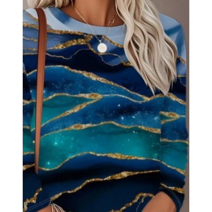 Kadın Uzun Kollu Bisiklet Yaka Desenli Modal Bluz