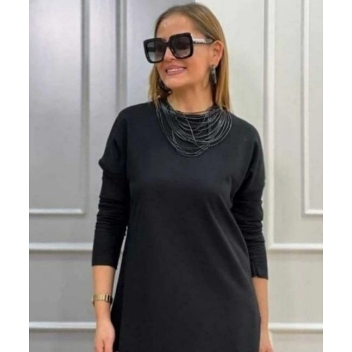 Kadın Uzun Kollu Bisiklet Yaka Etek Ucu Deri Dantelli Viskon Iki Iplik Midi Elbise