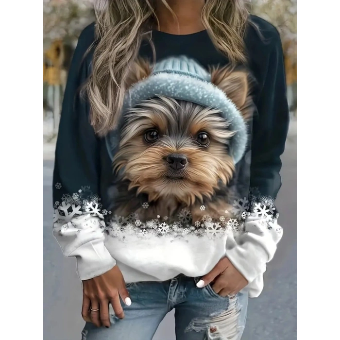 Kadın Uzun Kollu Bisiklet Yaka Köpek Baskılı şardonlu Dalgıç Bluz