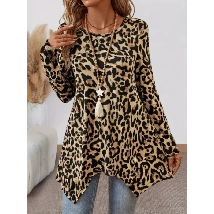Kadın Uzun Kollu Bisiklet Yaka Leopar Desenli Süprem Bluz