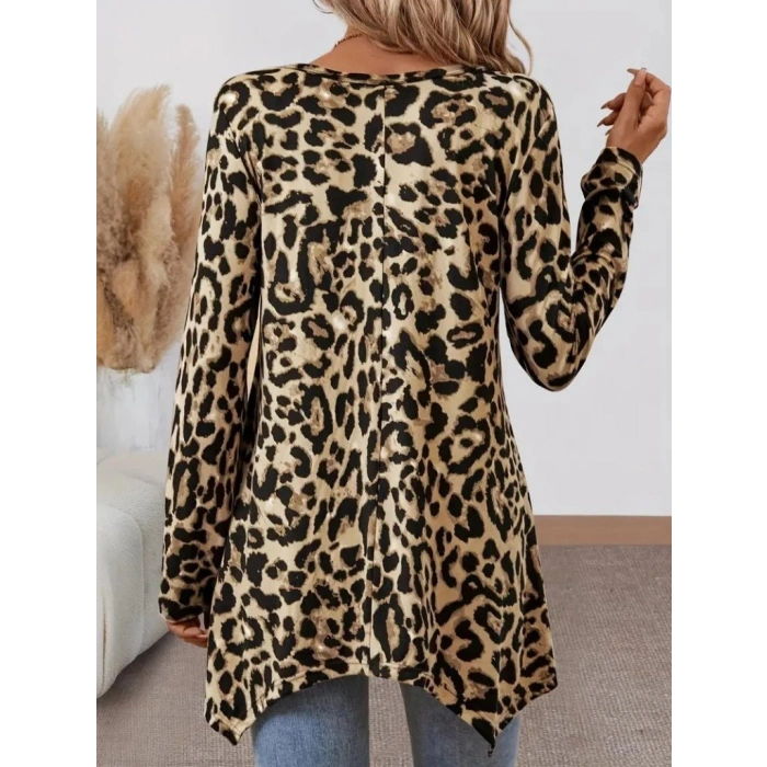 Kadın Uzun Kollu Bisiklet Yaka Leopar Desenli Süprem Bluz