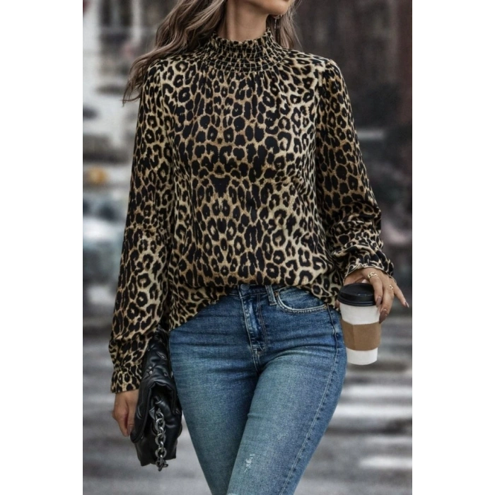 Kadın Uzun Kollu Gipe Detaylı Balıkçı Yaka Leopar Desenli Süprem Bluz