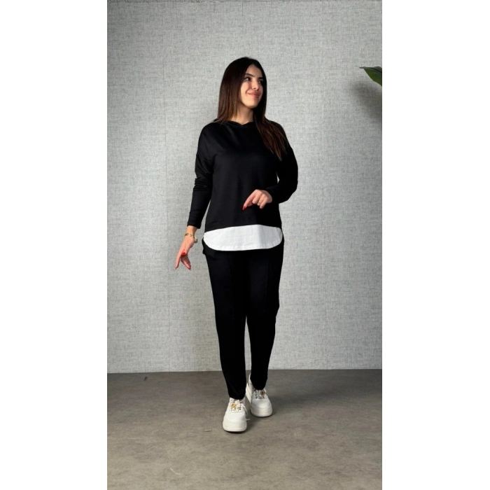 Kadın Uzun Kollu Kapşonlu Bağcıklı Viskon Iki Iplik Bluz Ve Pantolon Ikili Takım