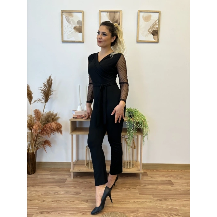 Kadın Uzun Kollu Kruvaze Yakalı Kolları Tül Detay Beli Kuşaklı Ithal Krep Tulum