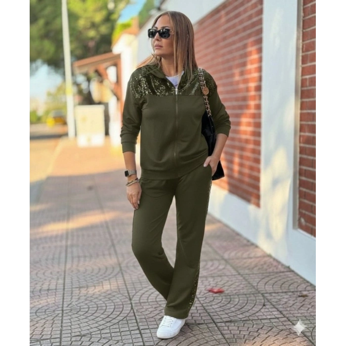 Kadın Uzun Kollu önden Fermuarlı Pul Payetli Alt üst Viskon Iki Iplik Takım
