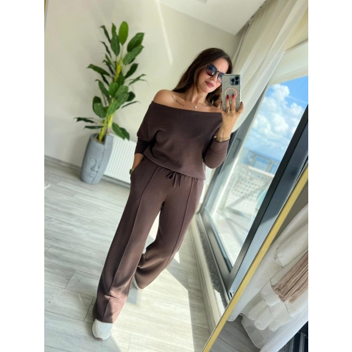 Kadın Uzun Kollu Tek Omuzdan Açık Modal Bluz Ve Pantolon Ikili Takım